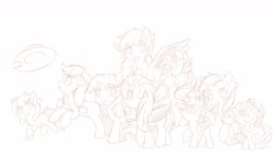 Size: 1600x900 | Tagged: safe, artist:symbianl, imported from derpibooru, apple bloom, applejack, fluttershy, pinkie pie, rainbow dash, rarity, scootaloo, sweetie belle, twilight sparkle, earth pony, pegasus, unicorn, applejack's hat, cowboy hat, cutie mark crusaders, hat, mane six, monochrome, simple background, sketch, white background