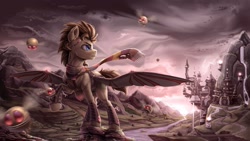 Size: 1600x905 | Tagged: dead source, safe, artist:rysunkowasucharia, imported from derpibooru, doctor whooves, time turner, earth pony, parasprite, pony, robot, artificial wings, augmented, canterlot, canterlot castle, clothes, fourth doctor's scarf, mechanical wing, raised hoof, scarf, striped scarf, wings