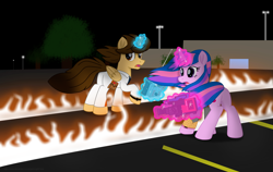 Size: 7000x4430 | Tagged: safe, artist:ejlightning007arts, imported from derpibooru, oc, oc only, oc:ej, oc:hsu amity, alicorn, back to the future, building, butt, camera, clothes, crossover, doc brown, fire, magic, marty mcfly, not twilight sparkle, parking lot, plot, remote control, streetlight, telekinesis, tree