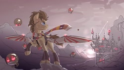 Size: 3974x2246 | Tagged: dead source, safe, artist:rysunkowasucharia, imported from derpibooru, doctor whooves, time turner, earth pony, parasprite, pony, robot, artificial wings, augmented, canterlot, canterlot castle, clothes, mechanical wing, raised hoof, scarf, sketch, toclafane, wings