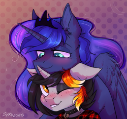 Size: 1131x1065 | Tagged: safe, artist:survya, imported from derpibooru, princess luna, oc, oc:moonshine, alicorn, unicorn, collar, couple, cuddling, cute, flannel, flannel shirt, freckles, shipping, size difference, snuggling, wholesome