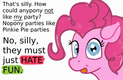 Size: 3052x1984 | Tagged: safe, anonymous artist, imported from derpibooru, pinkie pie, pony, description is relevant, female, meta, satire, simple background, solo, text, white background