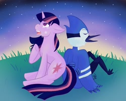 Size: 2048x1646 | Tagged: safe, artist:jello_moons, imported from derpibooru, twilight sparkle, bird, blue jay, pony, unicorn, aeroplanes and meteor showers, airplanes (song), crossover, crossover shipping, crying, female, male, mare, mordecai, mordetwi, night, redraw mordetwi meme, regular show, sad, shipping, song reference, stars, straight, teary eyes, text, unicorn twilight