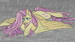 Size: 2100x1180 | Tagged: safe, artist:mechanakal, artist:mechanicalanakal, imported from derpibooru, fluttershy, pegasus, pony, crying, female, hoof fluff, mare, prone, rain, sad, solo, spread wings, teary eyes, three quarter view, unshorn fetlocks, wavy mouth, wet mane, wings