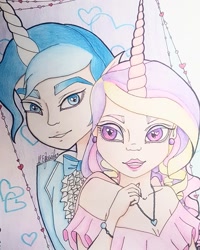 Size: 1080x1350 | Tagged: safe, artist:eli.moon.378, imported from derpibooru, princess cadance, shining armor, human, bowtie, bust, clothes, female, heart eyes, horn, horned humanization, humanized, jewelry, male, necklace, straight, traditional art, wingding eyes