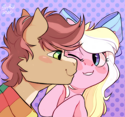 Size: 974x913 | Tagged: safe, artist:survya, imported from derpibooru, oc, oc only, oc:bay breeze, oc:pitch pine, earth pony, pegasus, blaze (coat marking), blushing, bow, cheek kiss, clothes, coat markings, cute, facial markings, female, hair bow, kiss on the cheek, kissing, male, mare, one eye closed, pinebreeze, scarf, shipping, simple background, stallion