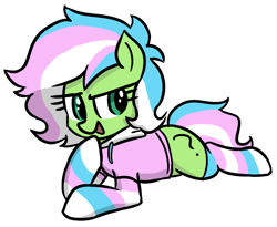 Size: 746x613 | Tagged: safe, artist:plunger, imported from derpibooru, oc, oc only, oc:filly anon, earth pony, pony, clothes, female, filly, hoodie, pride, pride flag, prone, simple background, smiling, smirk, smug, socks, solo, transgender, transgender pride flag, white background