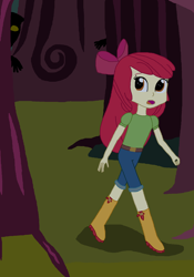 Size: 1148x1640 | Tagged: safe, artist:thomaszoey3000, imported from derpibooru, apple bloom, equestria girls, belt, boots, clothes, forest, jeans, looking back, offscreen character, pants, request, requested art, running, scared, shirt, shoes