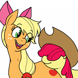 Size: 1500x1500 | Tagged: safe, artist:pony quarantine, imported from derpibooru, apple bloom, applejack, earth pony, pony, /mlp/, 4chan, accessory swap, adorabloom, apple bloom's bow, applejack's hat, bow, cowboy hat, cute, drawthread, eye clipping through hair, female, filly, hair bow, hair over eyes, hat, jackabetes, mare, simple background, white background