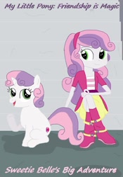 Size: 1024x1463 | Tagged: safe, artist:thomaszoey3000, imported from derpibooru, sweetie belle, pony, unicorn, equestria girls, boots, clothes, fanfic, fanfic art, human ponidox, jacket, looking at each other, self paradox, self ponidox, shoes, sitting, skirt, story included