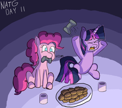 Size: 1800x1600 | Tagged: safe, artist:zeronixma, derpibooru exclusive, imported from derpibooru, pinkie pie, twilight sparkle, pony, atg 2020, controller, cookie, cup, duo, female, food, gamer pinkie, gamer twilight, gaming, mare, mouth hold, newbie artist training grounds, nom, rage quit