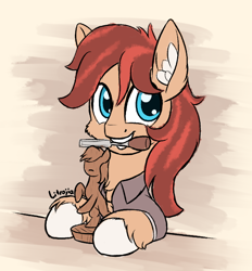 Size: 650x700 | Tagged: safe, artist:litrojia, imported from derpibooru, oc, oc only, oc:cottonwood kindle, earth pony, pony, atg 2020, cheek fluff, chisel, clothes, ear fluff, figurine, looking at you, mouth hold, newbie artist training grounds, shirt, smiling, solo, unshorn fetlocks