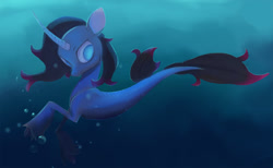 Size: 850x522 | Tagged: artist needed, safe, imported from derpibooru, oleander, seapony (g4), unicorn, them's fightin' herds, blue eyeshadow, bubble, community related, eyeshadow, female, fish tail, horn, looking down, makeup, ocean, oleander (tfh), seaponified, smiling, solo, species swap, swimming, underwater, water