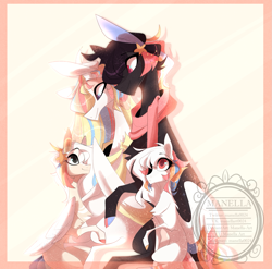 Size: 1619x1600 | Tagged: safe, artist:manella-art, imported from derpibooru, oc, oc:akatsuki, oc:minami dreams, oc:minato, oc:rainbow dreams, original species, pegasus, suisei pony, bellyrubs, chest fluff, closed species, clothes, colored wings, cute, family, family photo, female, filly, hair accessory, hoof on belly, horn, looking at belly, looking at each other, looking down, looking up, male, mare, multicolored hair, multicolored wings, offspring, parent:oc:akatsuki, parent:oc:rainbow dreams, parents:oc x oc, pregnant, rainbow hair, rainbow tail, ribbon, scarf, simple background, sitting, stallion, stars, two toned wings, watermark, wings