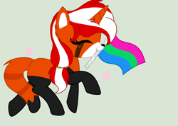 Size: 2154x1532 | Tagged: safe, artist:circuspaparazzi5678, imported from derpibooru, oc, oc only, oc:red velvet, pony, red panda, red panda pony, unicorn, base used, blushing, paws, polysexual, polysexual pride flag, pride, pride flag, pride month, solo, trotting