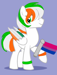 Size: 1398x1852 | Tagged: safe, artist:circuspaparazzi5678, imported from derpibooru, oc, oc only, oc:dublin, pegasus, pony, base used, bisexual, bisexual pride flag, bracelet, jewelry, male, pride, pride flag, pride month, smiling, solo