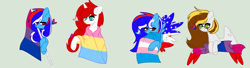 Size: 3004x820 | Tagged: safe, artist:circuspaparazzi5678, imported from derpibooru, oc, oc:britannia flash, oc:liberty, oc:mabel, oc:windy artistic, earth pony, pegasus, pony, unicorn, base used, bisexual, bisexual pride flag, glasses, pansexual, pansexual pride flag, pride, pride flag, pride month, transgender, transgender pride flag