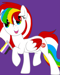 Size: 2289x2826 | Tagged: safe, artist:circuspaparazzi5678, imported from derpibooru, oc, oc only, oc:google plus, pegasus, pony, base used, google plus, google plus logo, multicolored hair, nonbinary, nonbinary pride flag, pride, pride flag, pride month, rainbow eyes, rainbow hair, solo