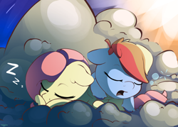 Size: 3500x2500 | Tagged: safe, artist:nookprint, imported from derpibooru, fluttershy, rainbow dash, pegasus, pony, bubble, cloud, colored hooves, cute, dashabetes, duo, eyes closed, female, floppy ears, high res, nap, on a cloud, onomatopoeia, open mouth, prone, shyabetes, sleeping, sound effects, zzz