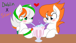 Size: 1184x682 | Tagged: safe, artist:circuspaparazzi5678, imported from derpibooru, oc, oc:dublin, oc:scott, earth pony, pegasus, pony, base used, blowing bubbles, blushing, bracelet, freckles, gay, jewelry, male, milkshake, sharing a drink, shipping, straw