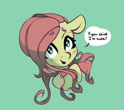 Size: 1018x909 | Tagged: safe, artist:nookprint, imported from derpibooru, fluttershy, pony, beanbrows, blushing, bust, colored hooves, dialogue, eyebrows, eyebrows visible through hair, female, floppy ears, looking at you, mare, open mouth, playing with hair, portrait, simple background, smiling, solo, speech bubble, teal background