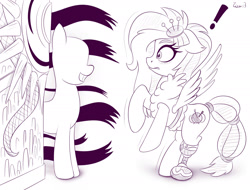 Size: 2100x1600 | Tagged: safe, artist:ziemniax, imported from derpibooru, kerfuffle, pegasus, pony, rainbow roadtrip, cute, exclamation point, female, fufflebetes, fullmetal alchemist, mare, monochrome, simple background, sketch, solo, the gate of truth, this will end in losing body parts, white background