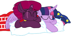 Size: 1424x728 | Tagged: safe, artist:徐詩珮, imported from derpibooru, fizzlepop berrytwist, tempest shadow, twilight sparkle, alicorn, pony, unicorn, series:sprglitemplight diary, series:sprglitemplight life jacket days, series:springshadowdrops diary, series:springshadowdrops life jacket days, alternate universe, chase (paw patrol), clothes, cute, female, lesbian, marshall (paw patrol), paw patrol, pillow, shipping, simple background, sleeping, tempestlight, transparent background, twilight sparkle (alicorn)