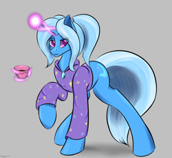 Size: 3610x3305 | Tagged: safe, artist:renarde-louve, imported from derpibooru, trixie, pony, unicorn, alternate hairstyle, babysitter trixie, clothes, cup, female, gray background, hoodie, looking at you, magic, mare, ponytail, simple background, solo, teacup, telekinesis