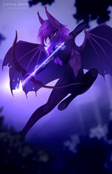 Size: 900x1400 | Tagged: safe, artist:elektra-gertly, imported from derpibooru, oc, oc only, oc:misthil bloom, anthro, bat pony, absolute cleavage, anthro oc, arrow, bat pony oc, bat wings, bow (weapon), bow and arrow, breasts, cleavage, ear fluff, ear tufts, female, mare, skintight clothes, solo, weapon, wings