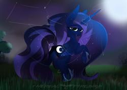 Size: 4961x3508 | Tagged: safe, artist:therealf1rebird, imported from derpibooru, princess luna, alicorn, pony, butt, dock, female, full moon, looking at you, looking back, looking back at you, mare, moon, moonbutt, plot, praise the moon, raised hoof, tree