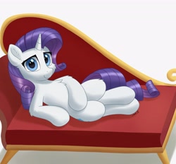 Size: 3580x3321 | Tagged: safe, artist:mercurysparkle, imported from derpibooru, rarity, pony, unicorn, chest fluff, couch, ear fluff, fainting couch, female, high res, leg fluff, looking at you, lying down, mare, simple background, smiling, solo, white background