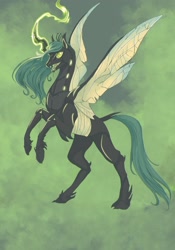 Size: 1280x1833 | Tagged: safe, artist:t3ssrina, imported from derpibooru, queen chrysalis, changeling, changeling queen, crown, female, glowing horn, green changeling, horn, jewelry, rearing, regalia, solo