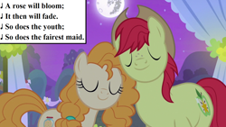 Size: 1280x720 | Tagged: safe, edit, edited screencap, imported from derpibooru, screencap, bright mac, pear butter, earth pony, pony, the perfect pear, brightbutter, cowboy hat, eyes closed, female, full moon, hat, henry mancini, inset, lyrics, male, mare, mare in the moon, marriage, moon, romeo and juliet, romeo and juliet (zeffirelli), shipping, song reference, straight, text, wedding, what is a youth