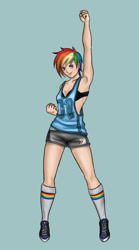 Size: 703x1262 | Tagged: safe, artist:lambch0pz, imported from derpibooru, rainbow dash, human, armpits, clothes, humanized, shorts, sports bra, sports shorts