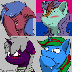 Size: 512x512 | Tagged: safe, artist:skydreams, imported from derpibooru, oc, oc:dioxin, oc:searing cold, oc:sparky showers, oc:wander bliss, alicorn, bat pony, bat pony alicorn, kirin, pony, unicorn, bat wings, bisexual, bisexual pride flag, blushing, blushing ears, collar, ear blush, ear piercing, earring, embarrassed, emoji, emotes, facehoof, glasses, hmm, horn, horn piercing, jewelry, nose piercing, patreon, patreon reward, piercing, pride, pride flag, wings