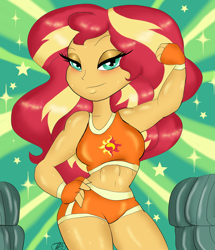 Size: 956x1112 | Tagged: safe, artist:purfectprincessgirl, imported from derpibooru, sunset shimmer, equestria girls, bad anatomy, blushing, bra, clothes, commission, cutie mark, cutie mark on clothes, female, fingerless gloves, flexing, gloves, lidded eyes, looking at you, muscles, shorts, solo, sports bra, sports panties, sports shorts, sunset lifter, sweat, workout outfit