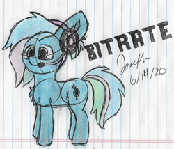 Size: 2333x2000 | Tagged: safe, artist:mlplayer dudez, artist:solder point, imported from derpibooru, oc, oc only, oc:bit rate, earth pony, pony, chest fluff, colored, convention, cute, ear fluff, happy, headphones, headset, leg fluff, mascot, ponyfest, ponyfest online, signature, sketch, smiling, solo, traditional art