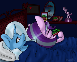 Size: 1398x1118 | Tagged: safe, artist:llametsul, imported from derpibooru, phyllis, starlight glimmer, trixie, pony, unicorn, ah yes me my girlfriend and her x, bed, blanket, ear fluff, female, hug, lesbian, long glimmer, long pony, lying down, mare, meme, phylliglimmer, picture frame, pillow, plant, shelf, shipping, sleeping, startrix, trophy