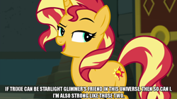 Size: 1280x720 | Tagged: safe, edit, edited screencap, editor:jaredking203, imported from derpibooru, screencap, sunset shimmer, pony, unicorn, equestria girls, equestria girls series, forgotten friendship, caption, equestria girls ponified, female, image macro, implied starlight glimmer, implied trixie, mare, meme, ponified, solo, text