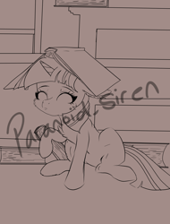 Size: 1200x1580 | Tagged: safe, artist:paranoid_siren, imported from derpibooru, twilight sparkle, pony, unicorn, book, book on head, chest fluff, cute, dresser, ear fluff, female, filly, filly twilight sparkle, floppy ears, horn, lineart, pouting, progress, raised hoof, solo, unicorn twilight, window, wip, younger