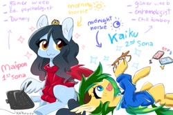 Size: 680x453 | Tagged: safe, artist:kaikururu, imported from derpibooru, oc, oc only, oc:joke plant, oc:kaiku, oc:kaikururu, oc:maipon, oc:ruru, bat pony, mantis, pegasus, pony, :3, bat pony oc, bat wings, clothes, digital art, drawing, drawing tablet, duo, fangs, female, mare, mismatched wings, reference sheet, stylus, sweater, text, wing hold, wings