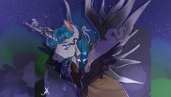 Size: 1668x952 | Tagged: safe, artist:bunnari, imported from derpibooru, stygian, pony, cloak, clothes, lidded eyes, male, nightmare forces, solo, stallion, story included, wings