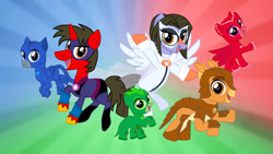 Size: 2047x1152 | Tagged: safe, artist:shadymeadow, imported from derpibooru, oc, oc:dancing fan, oc:fried egg, pony, unicorn, armadylan, catboy (pj masks), colt, female, filly, gekko (pj masks), male, mare, owlette, pj masks, ponified, stallion, superhero costume