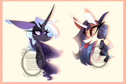 Size: 1244x838 | Tagged: safe, artist:manella-art, imported from derpibooru, hybrid, pony, unicorn, bust, female, interspecies offspring, mare, offspring, parent:discord, parent:night guard, parent:princess celestia, parent:princess luna, parents:dislestia, parents:guardluna, portrait, tongue out