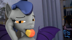 Size: 1200x663 | Tagged: safe, artist:batponyecho, imported from derpibooru, oc, oc only, oc:echo, bat pony, pony, 3d, bat pony oc, bat wings, biting, fangs, female, food, mango, mare, meme, sfm pony, solo, source filmmaker, spread wings, wings