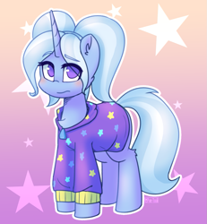 Size: 1151x1246 | Tagged: safe, artist:puetsua, imported from derpibooru, trixie, pony, unicorn, alternate hairstyle, babysitter trixie, chest fluff, clothes, cute, diatrixes, ear fluff, female, gameloft, gameloft interpretation, hoodie, leg fluff, no pupils, pigtails, purple background, simple background, solo, stars, twintails