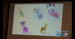 Size: 1366x706 | Tagged: safe, artist:ellybethe, imported from derpibooru, applejack, fluttershy, rainbow dash, rarity, twilight sparkle, earth pony, pegasus, pony, unicorn, bronycon, journey of the spark, 2012, alternate hairstyle, clothes, concept art, convention, dress, everfree network, eyes closed, female, looking at you, mare, photo, raised hoof, signature, unicorn twilight