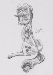 Size: 2316x3276 | Tagged: safe, artist:artsgalinn, artist:galinn-arts, imported from derpibooru, applejack, earth pony, pony, female, looking at you, mare, monochrome, sitting, solo, traditional art