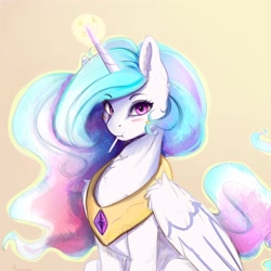 Size: 4000x4000 | Tagged: safe, artist:miokomata, imported from derpibooru, princess celestia, alicorn, pony, :i, absurd resolution, blushing, candy, chest fluff, cute, cutelestia, ear fluff, eating, ethereal mane, eyebrows visible through hair, eyelashes, female, food, glowing horn, gradient background, horn, jewelry, lollipop, looking at you, magic, mare, meta, mouth hold, peytral, pink eyes, pocky, puffy cheeks, regalia, signature, sillestia, silly, simple background, sitting, solo, wing fluff, yellow background