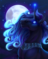 Size: 1060x1308 | Tagged: safe, artist:shady-bush, imported from derpibooru, oc, oc only, oc:candes, pony, unicorn, bust, glowing eyes, hoers, night, portrait, solo